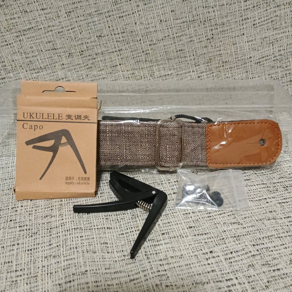 Horse Ukulele Strap Gray Linen Adjustable with Black Capo and Strap Buttons Set
